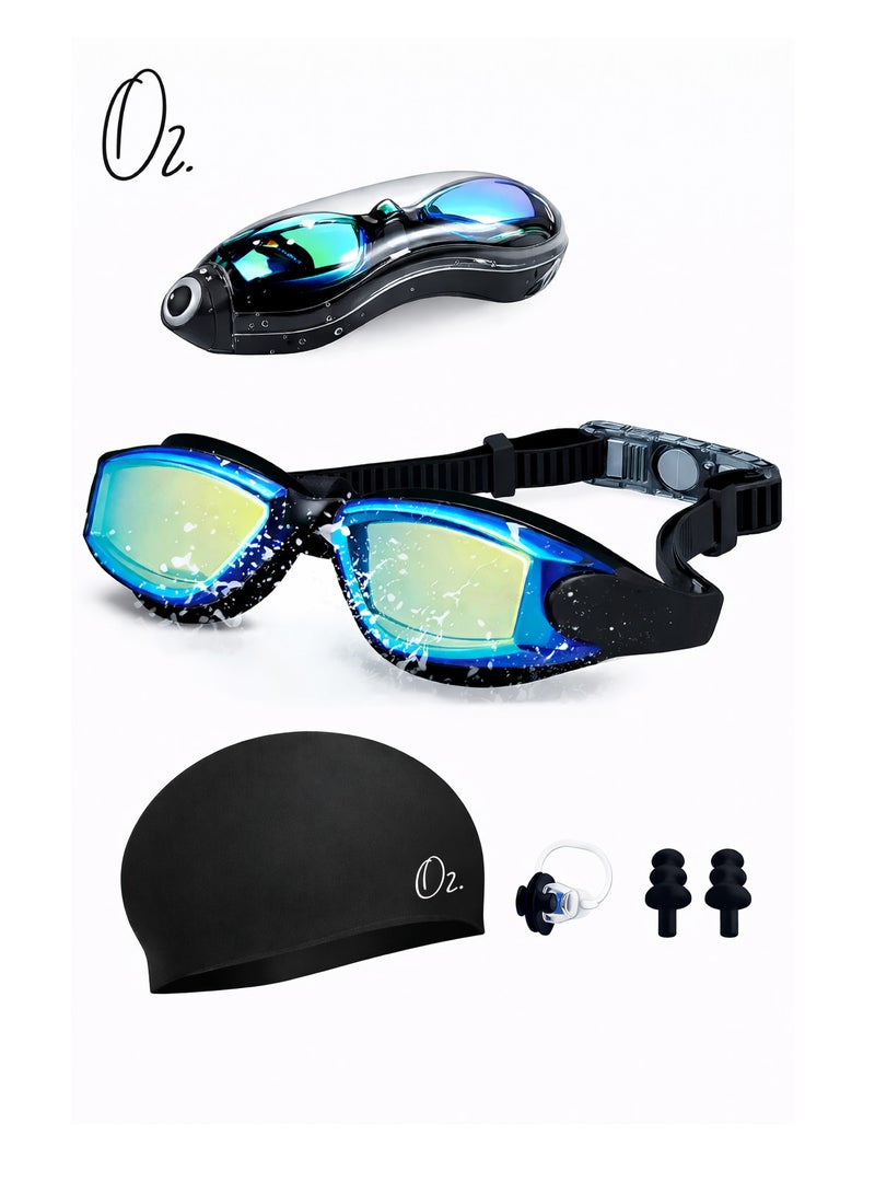 O2. 5 in 1 Anti-fog Swimming Goggles - Swimming Goggles Set with Swimming Cap, Ear Plugs, Nose Clip, Leak-proof Swimming Goggles - Waterproof Swimming Goggles, Effectively Block UV Rays - Suitable for Men, Women - Image 1